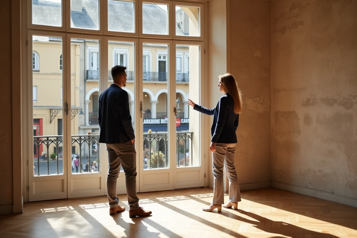 Agent immobilier présentant un appartement rénové en pierre dans une ville moyenne de province française