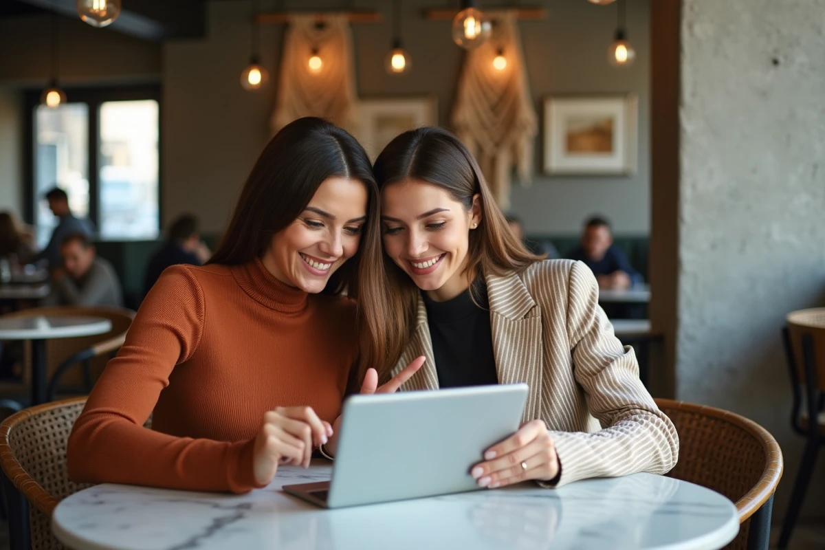 Deux amies consultant ensemble un site de mode sur une tablette dans un café urbain tendance, comparant des tenues pour un shopping en ligne malin