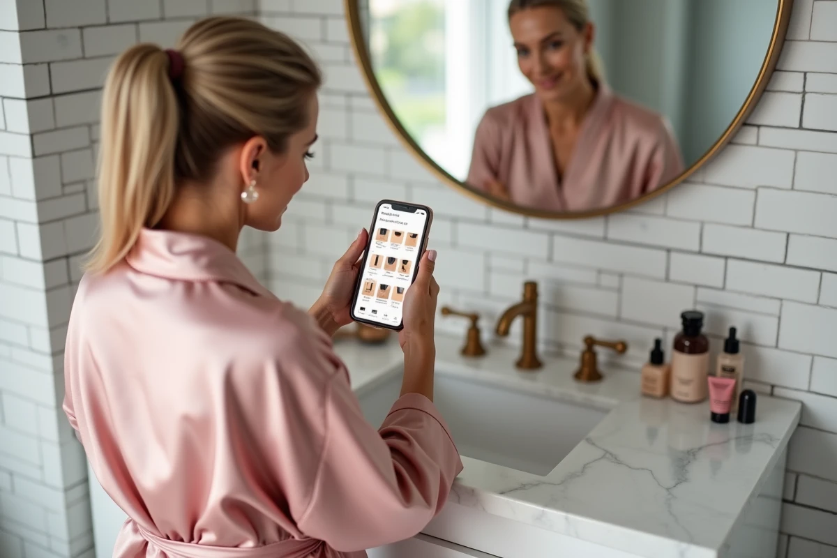 Femme consultant une application de shopping beauté sur smartphone dans sa salle de bain