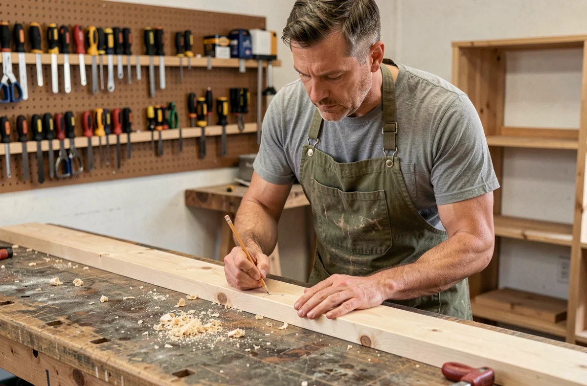 Homme bricoleur mesurant une planche en bois dans un atelier de garage maison avec des outils accrochés au mur