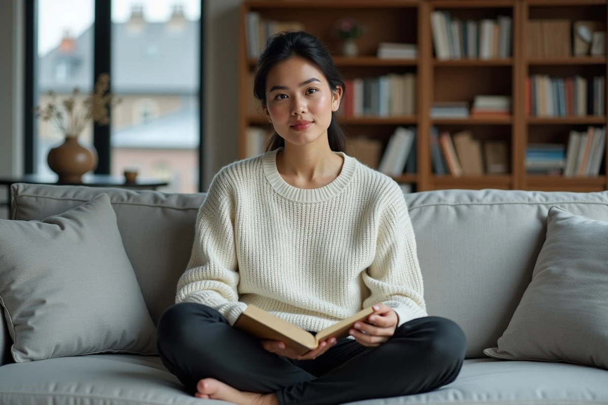 Femme lisant un livre dans un salon cosy et moderne, reflétant l'univers intime et les secrets de la vie privée de Charla Carter
