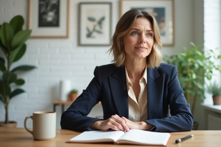 Femme confiante dans la trentaine assise à un bureau moderne, illustrant la vie professionnelle et personnelle de Charla Carter