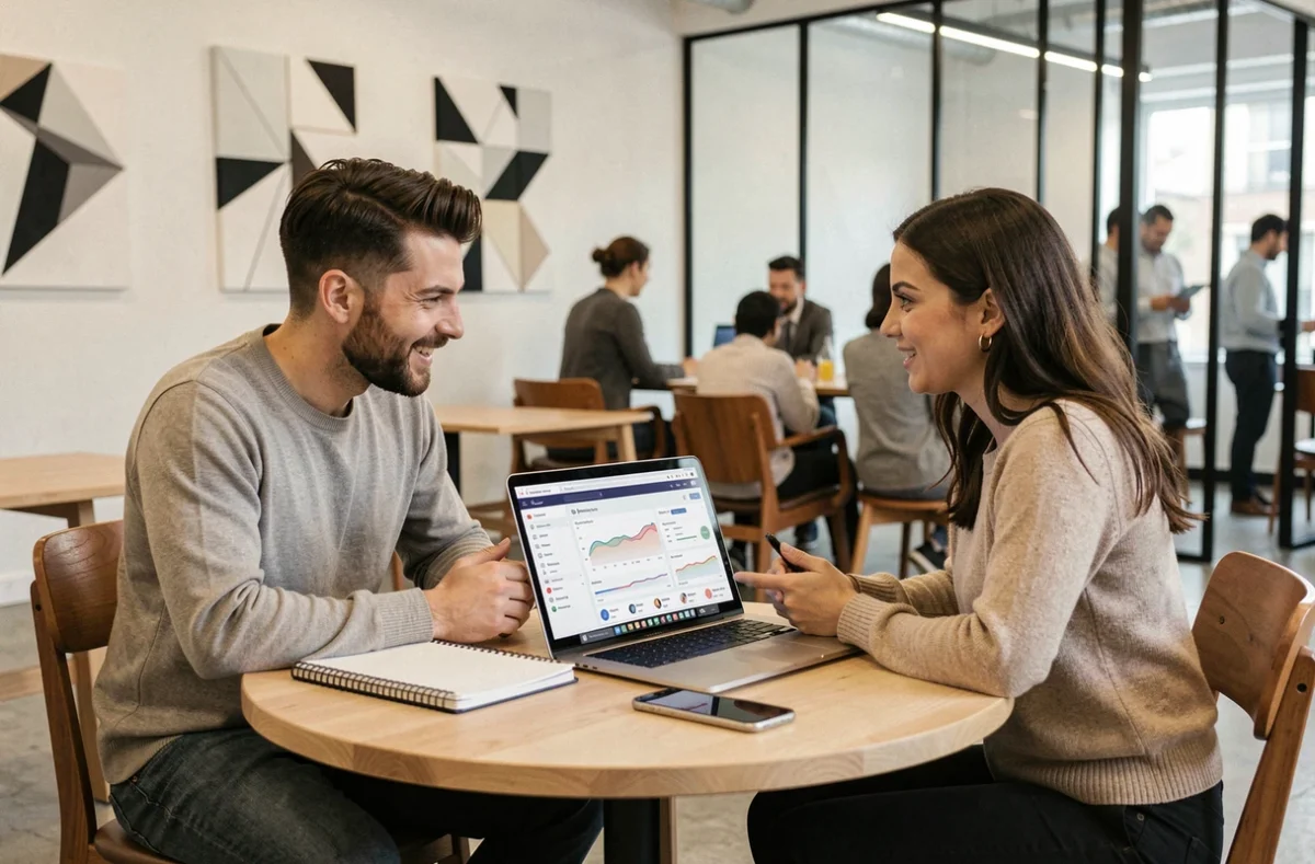 Deux professionnels collaborant sur des outils d'optimisation de présence web dans un espace de coworking