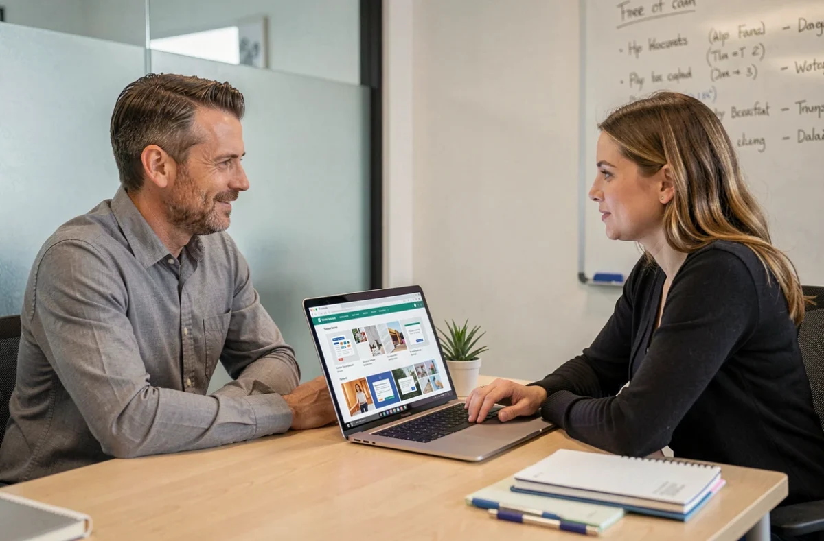 Deux collègues choisissant un modèle PowerPoint gratuit ensemble dans une salle de réunion