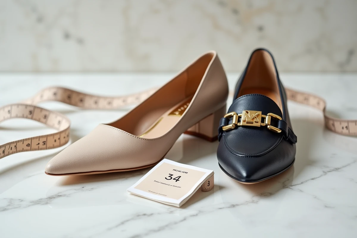Gros plan comparatif de deux modèles de chaussures Michael Kors sur marbre blanc avec un guide des tailles