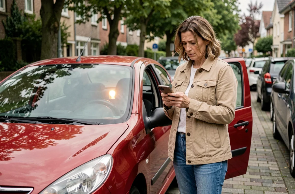Femme consultant son téléphone face à un voyant allumé sur sa Peugeot 206 garée en rue
