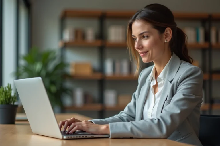 Femme professionnelle se connectant à un webmail universitaire sur un ordinateur portable dans un bureau moderne
