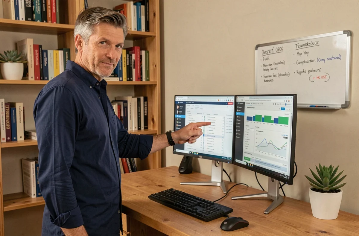 Consultant web masculin utilisant des outils d'optimisation de présence en ligne dans un bureau à domicile