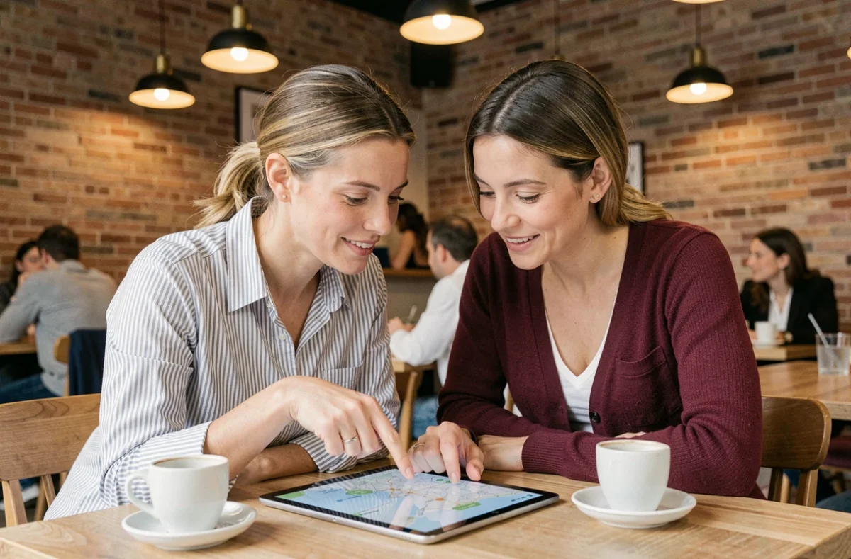 Deux femmes consultant une réservation de vol Transavia sur une tablette dans un café