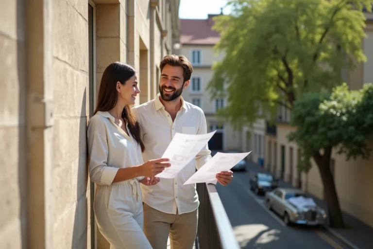 Couple consultant des plans d'appartement sur un balcon d'immeuble rénové dans une ville moyenne française