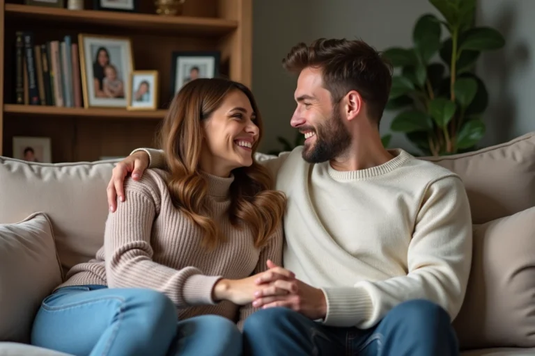 Couple assis sur un canapé en toute simplicité