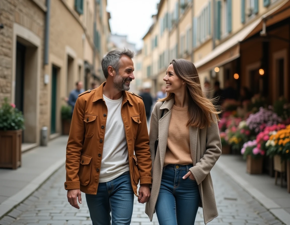 Couple complice se promenant dans une ville française pavée, souriant ensemble, évoquant la vie de couple et les moments partagés en privé