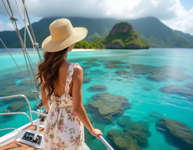 Femme sur un catamaran en Polynésie française admirant un lagon turquoise et une île volcanique lors d'une croisière