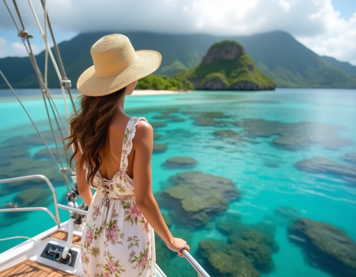 Femme sur un catamaran en Polynésie française admirant un lagon turquoise et une île volcanique lors d'une croisière