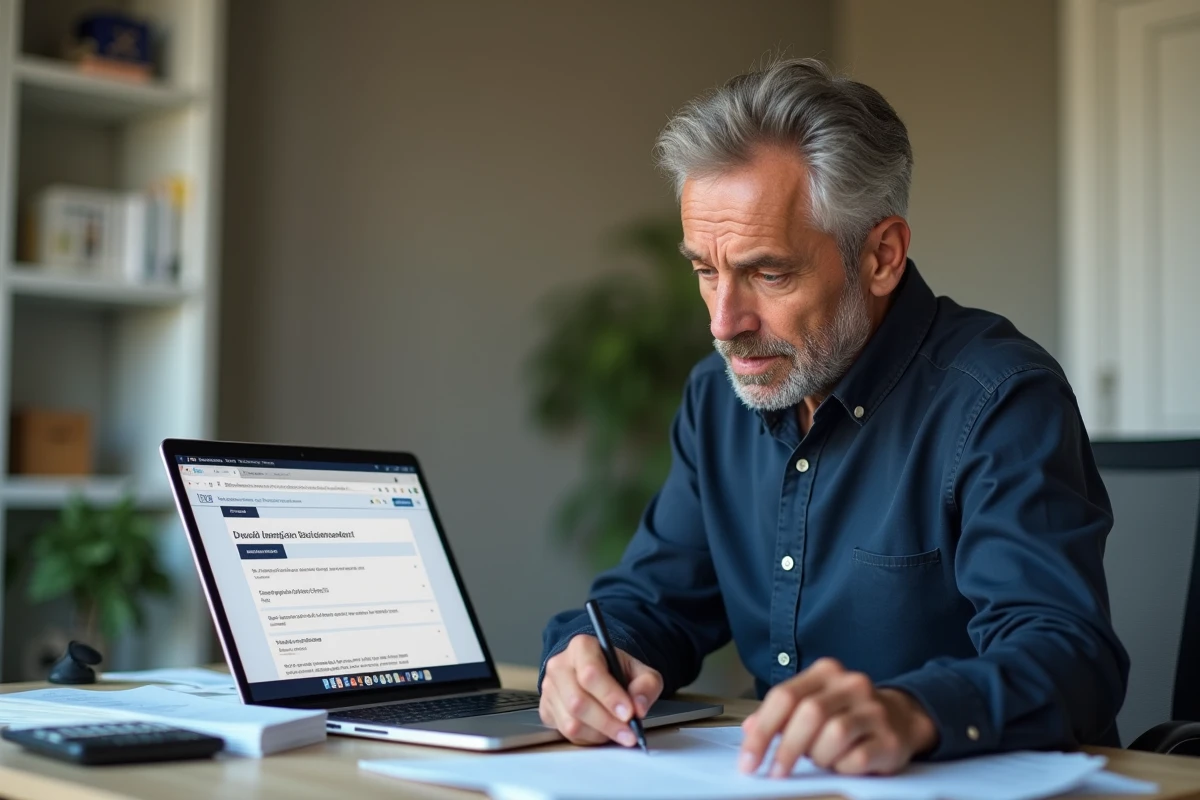 Homme remplissant sa déclaration fiscale en ligne avec des factures vétérinaires posées sur son bureau