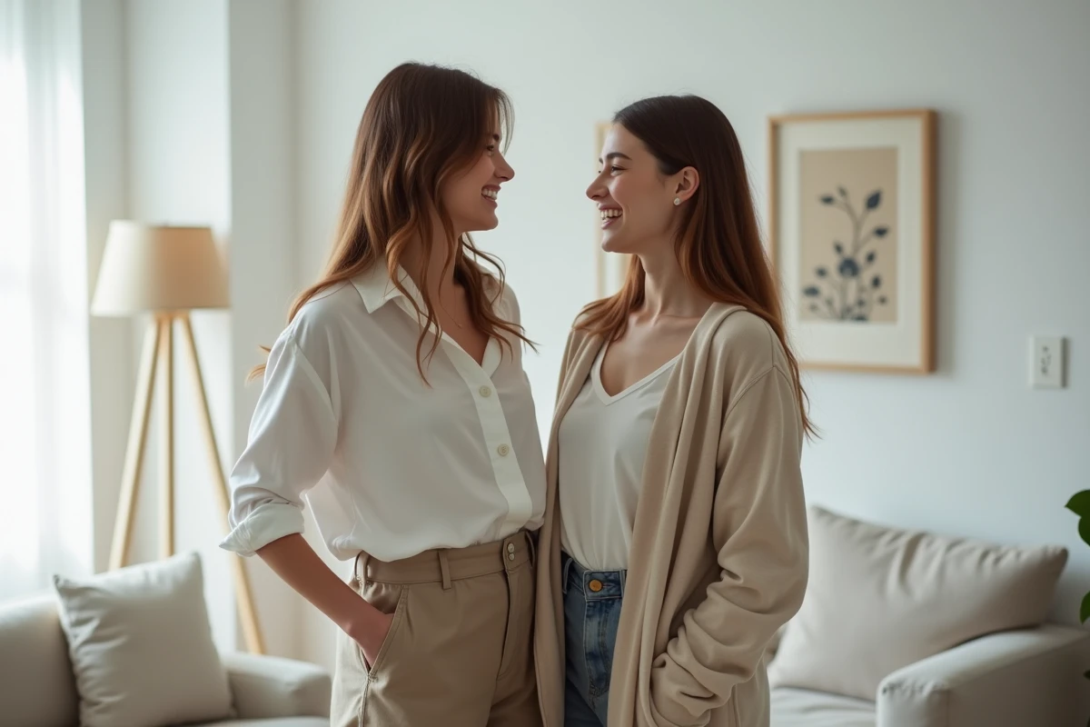 Deux jeunes femmes dans un appartement moderne partageant un moment complice et naturel, atmosphère familiale
