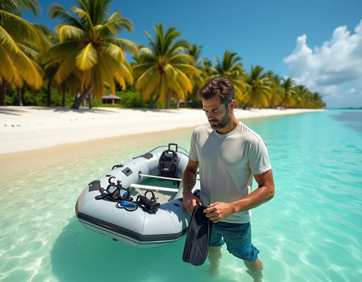 Homme préparant son équipement de plongée en apnée dans un lagon peu profond de Polynésie lors d'une escale de croisière