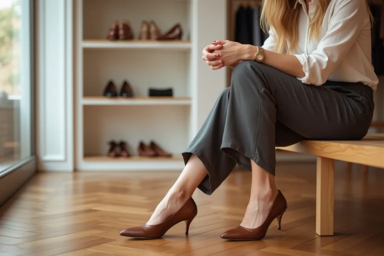 Femme essayant des escarpins Michael Kors en cuir dans une boutique élégante pour vérifier le maintien et le galbe