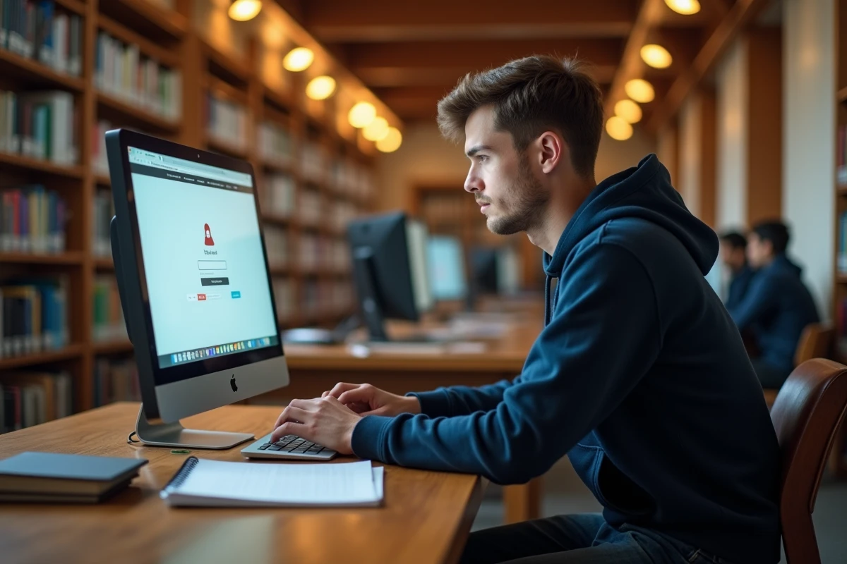 Étudiant utilisant un ordinateur de bibliothèque universitaire pour accéder à sa messagerie webmail Convergence