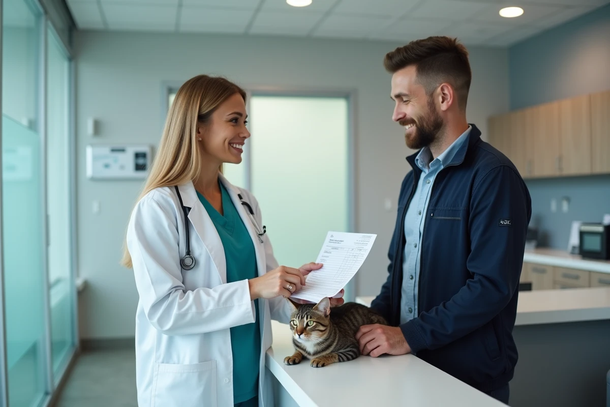 Vétérinaire remettant une facture à un client à l'accueil d'une clinique vétérinaire moderne