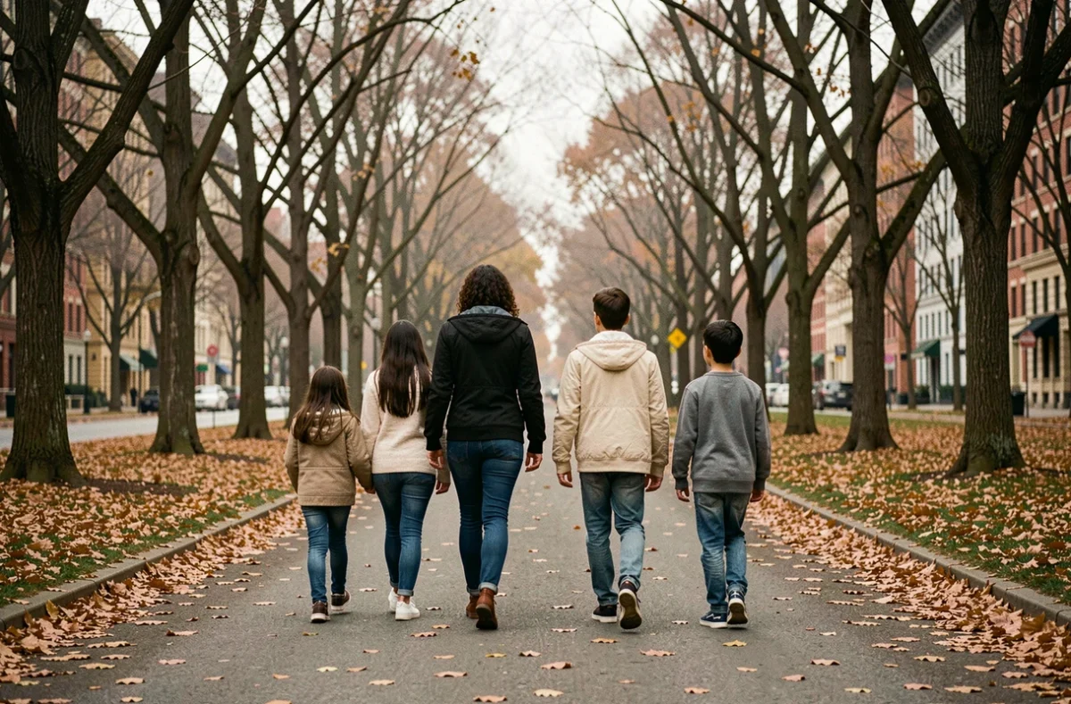 Silhouettes d'une famille de dos se promenant dans un parc urbain en automne, symbolisant la préservation de l'anonymat et de la vie privée familiale
