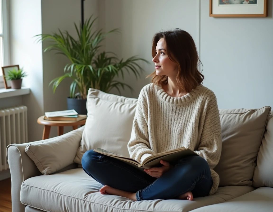 Femme détendue lisant dans son appartement parisien, entourée d'objets personnels, illustrant l'intimité et la vie privée au quotidien