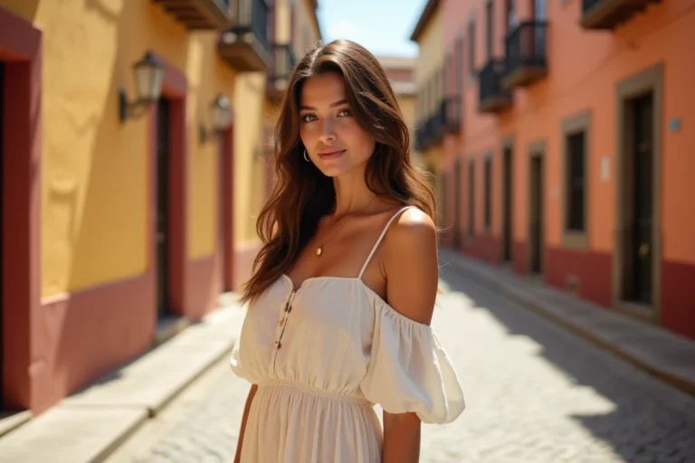 Femme élégante en robe crème devant une architecture coloniale colorée, illustrant la beauté internationale féminine en 2024