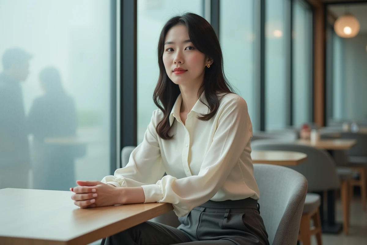 Femme coréenne élégante dans un café minimaliste urbain, portrait illustrant la beauté féminine asiatique contemporaine