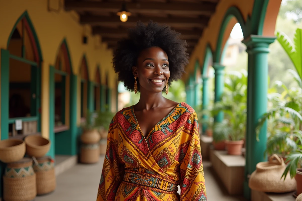Femme nigériane portant une robe ankara colorée dans un marché africain animé, portrait beauté féminine internationale 2024