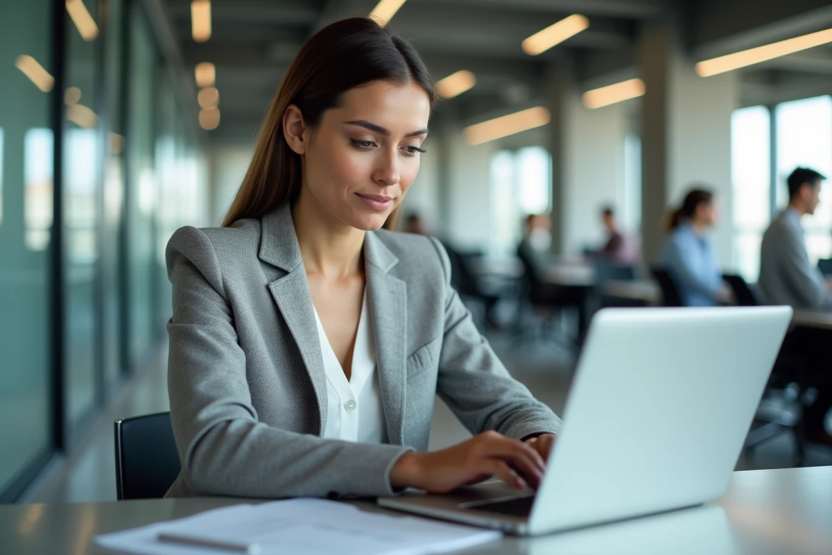Femme professionnelle consultant un bulletin de paie dématérialisé sur son ordinateur portable dans un bureau moderne