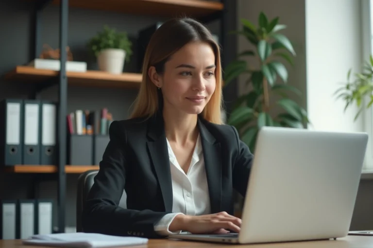Femme professionnelle en bureau configurant son email