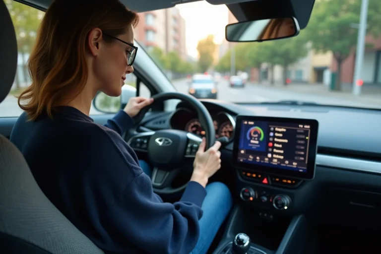 Femme au volant regardant l'écran tactile de la voiture