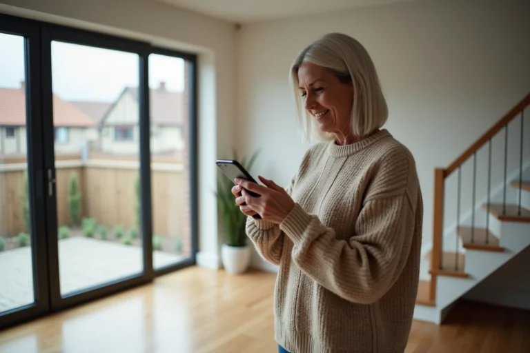 Femme vérifiant une application de sécurité à la maison