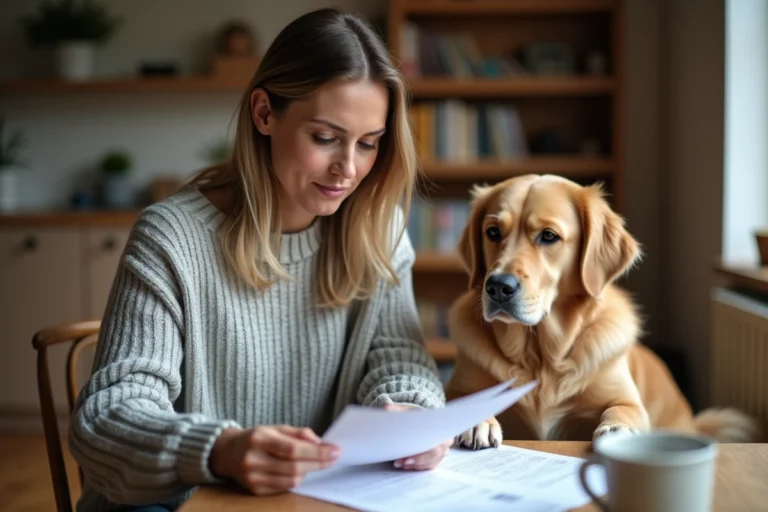 Femme consultant des reçus de frais vétérinaires à son bureau avec son chien golden retriever à ses pieds