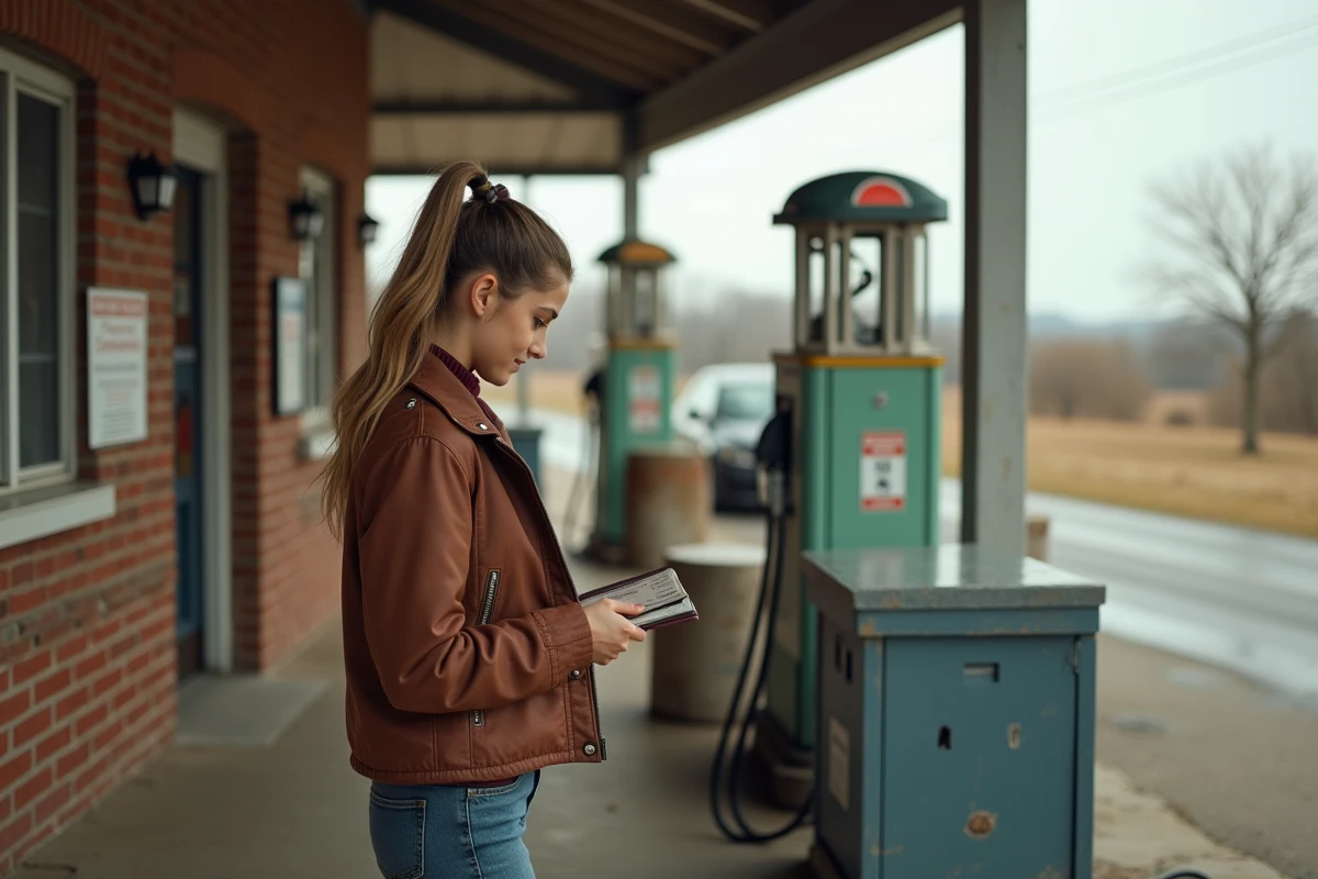 Jeune femme cherchant son cheque à une station essence rurale
