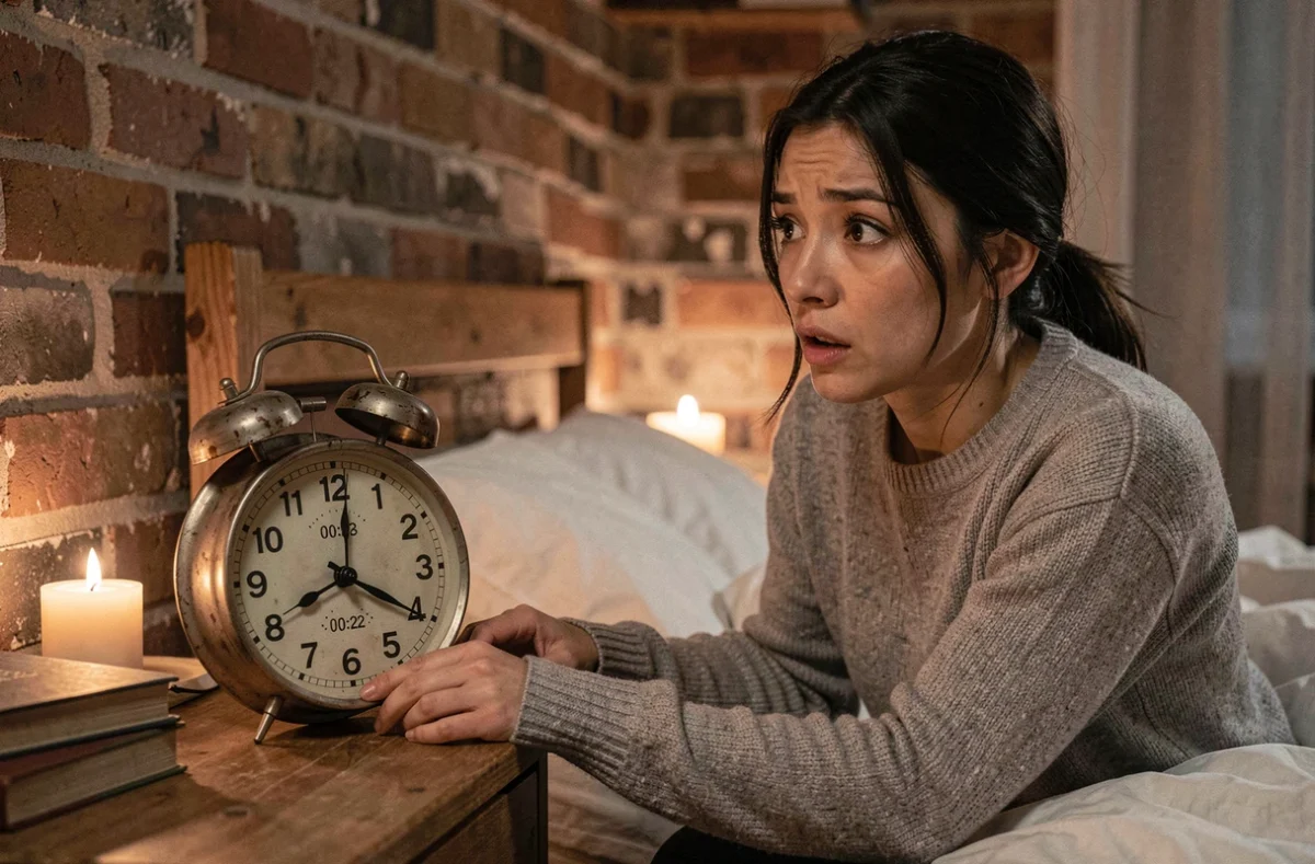 Femme contemplant une horloge affichant 00h22 dans une chambre nocturne chaleureuse, symbolisant la signification spirituelle de l'heure miroir