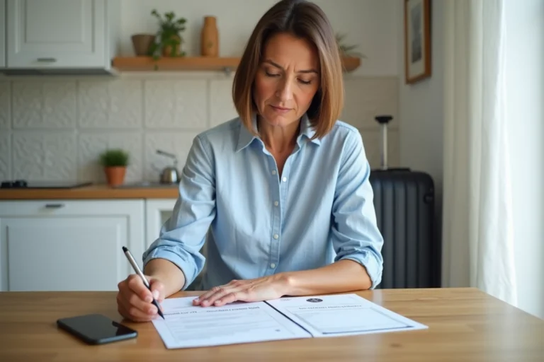 Femme examinant un contrat de location dans un appartement moderne