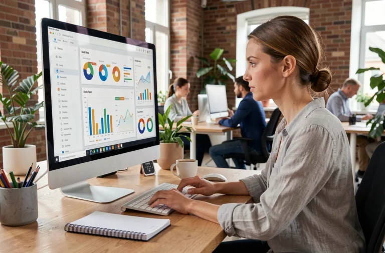 Femme travaillant sur des outils d'analyse SEO et de présence web dans un bureau moderne