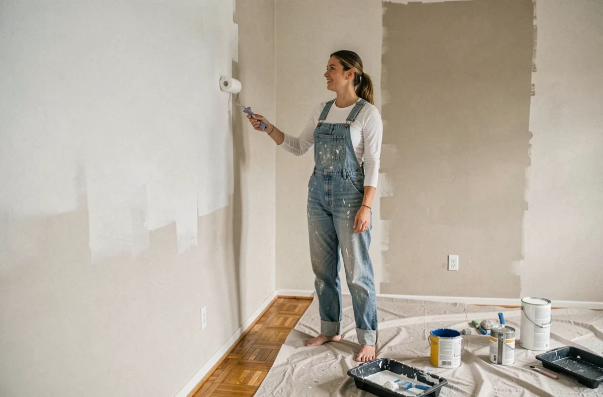 Femme en train de peindre un mur intérieur avec un rouleau lors d'une rénovation maison en cours