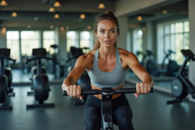 Femme utilisant un rameur en salle de sport pour éliminer les poignées d'amour et renforcer les muscles du tronc