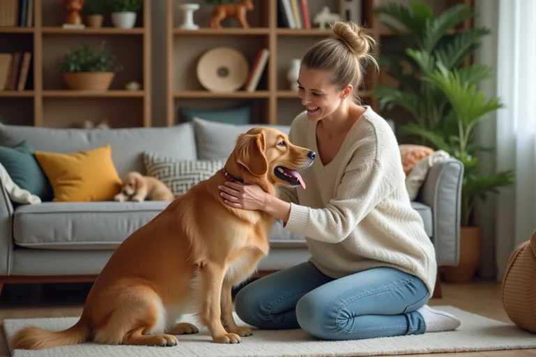 Femme caressant son golden retriever dans un salon chaleureux