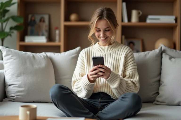 Jeune femme faisant du shopping en ligne sur son smartphone dans un salon scandinave moderne, vêtue d'un pull en maille crème