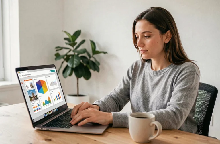 Femme utilisant PowerPoint gratuitement sur un ordinateur portable dans un bureau à domicile moderne