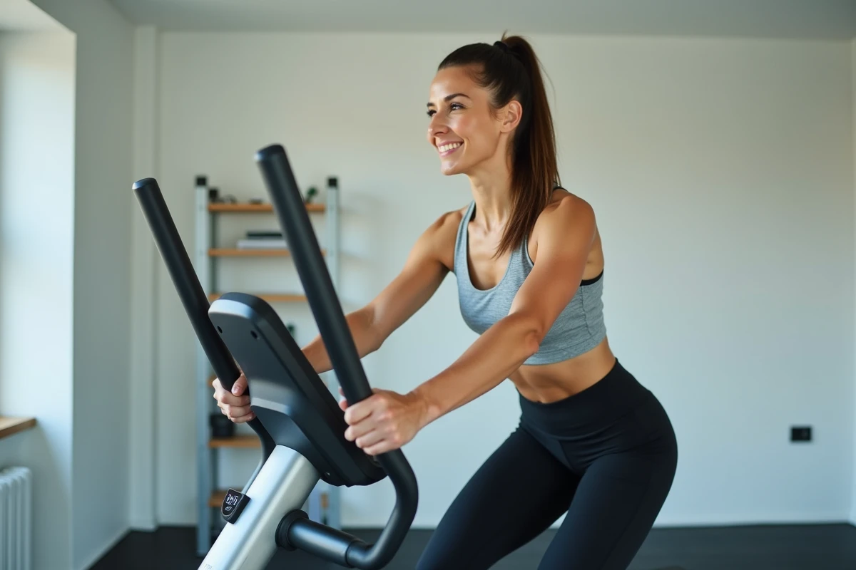 Femme utilisant un vélo elliptique en salle de sport à domicile avec affichage du nombre de tours par minute sur l'écran