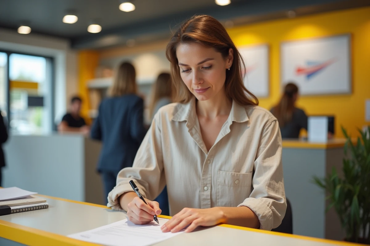 Femme remplissant un formulaire de réexpédition de courrier dans un bureau de poste lors d'un changement d'adresse