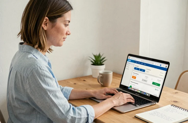 Femme gérant sa réservation de vol sur un ordinateur portable depuis son bureau à domicile