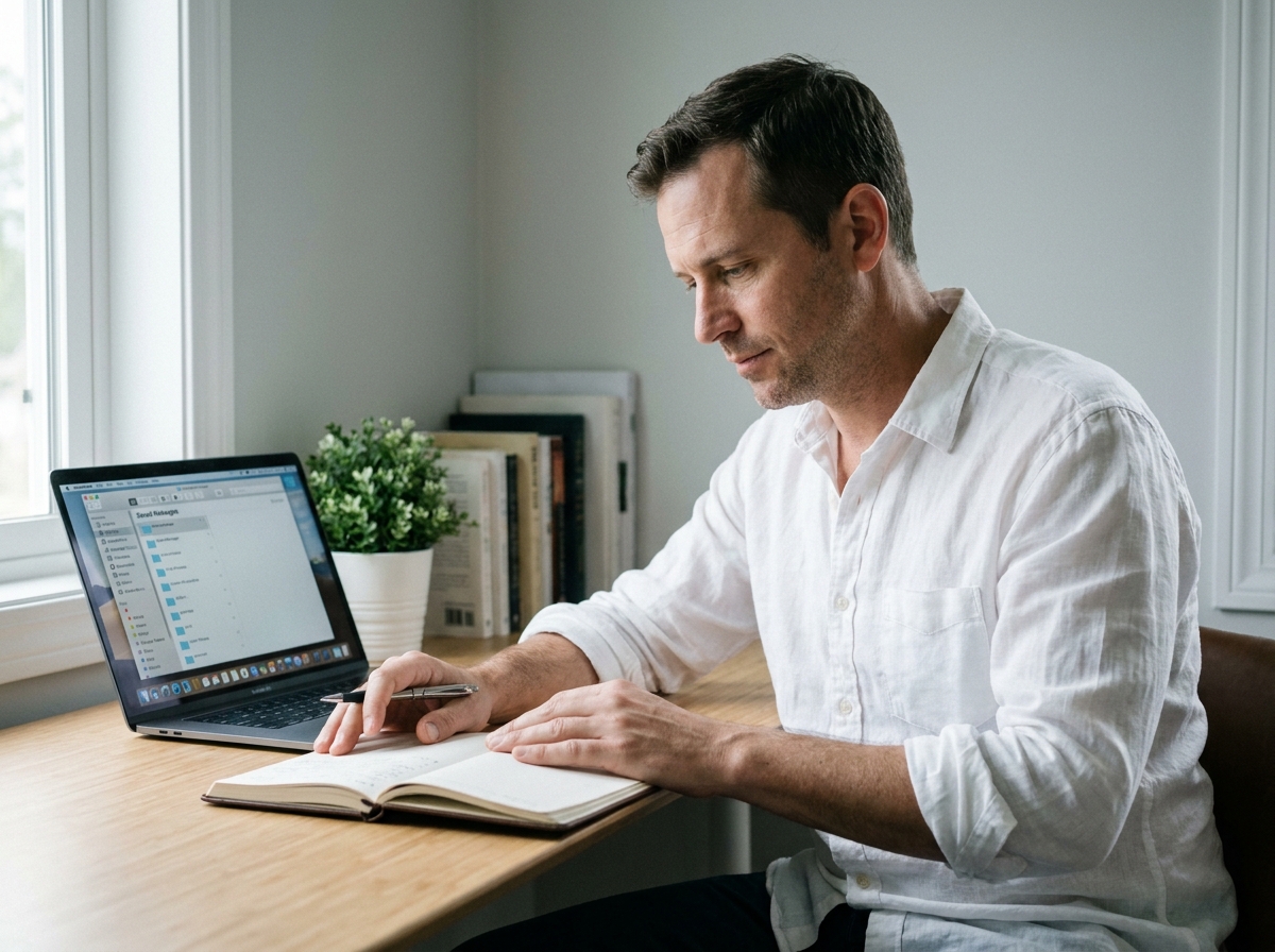 Homme conservant des messages de condoléances dans un journal et sur ordinateur après un deuil