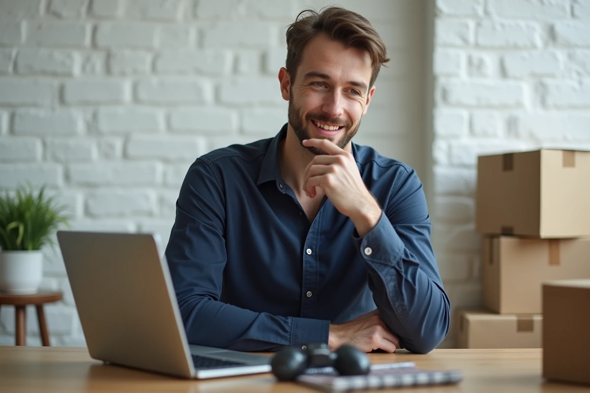 Homme comparant des articles de mode sur un ordinateur portable dans un bureau minimaliste à domicile pour faire du shopping intelligent en ligne