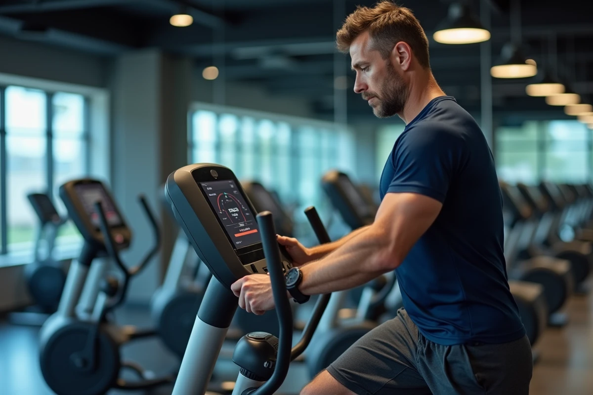 Homme s'entraînant sur un elliptique en salle de sport commerciale en consultant les données de cadence rpm sur la console