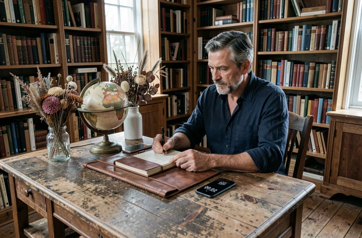 Homme écrivant dans un journal à 00h22 dans un bureau bibliothèque, explorant la numérologie et la spiritualité des heures miroirs